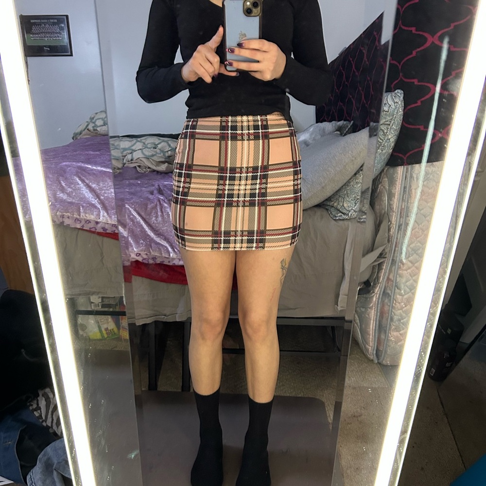 SHEIN Tan and Black Checkered Mini Skirt